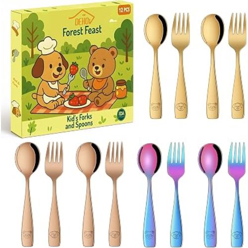 DEHOV Colorful Toddler Eating Utensils Set,Set Of 12 Food Grade Stainless Steel Silverware Sets For Kids,Dishwasher Safe Children Small Metal Spoons And Forks Flatware Sets