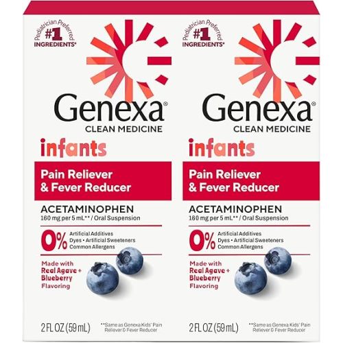 Genexa Infants' Clean Acetaminophen | Pediatrician Preferred Ingredients | Pain Reliever & Fever Reducer for Babies | Dye Free, 0% Artificial Additives | Organic Blueberry Flavor, 4 fl oz (2 Pack)