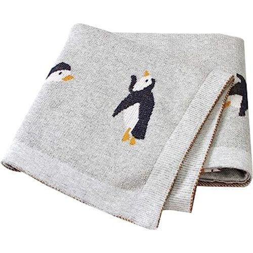 mimixiong 100% Cotton Knitted Baby Blanket Toddler Swaddling Blanket for Newborn Baby with Cute Penguin Pattern Grey Size 30 x 40 inches