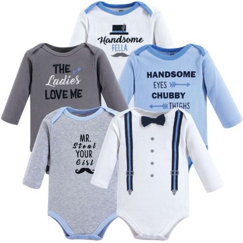 Hudson Baby Infant Boy Cotton Long-Sleeve Bodysuits 5pk, Handsome Fella, 0-3 Months