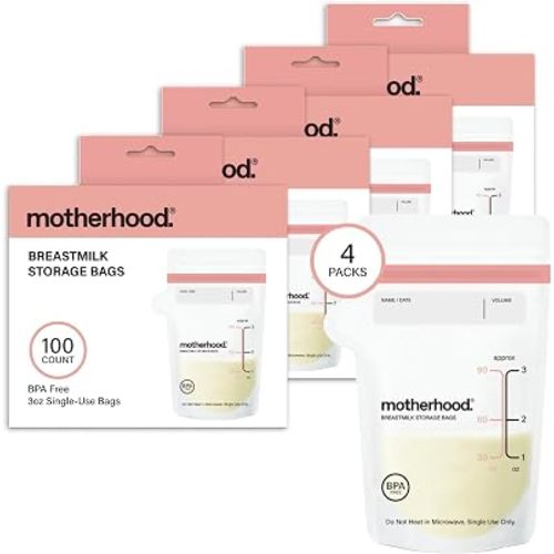Motherhood Maternity Breastmilk Storage Bags, 6 oz, 400 Count (100 Bags x 4 Pack) – Leak Proof Breast Milk Freezer Storage Bags, Pre-Sterilized & BPA Free, Self-Standing & Flat Lay