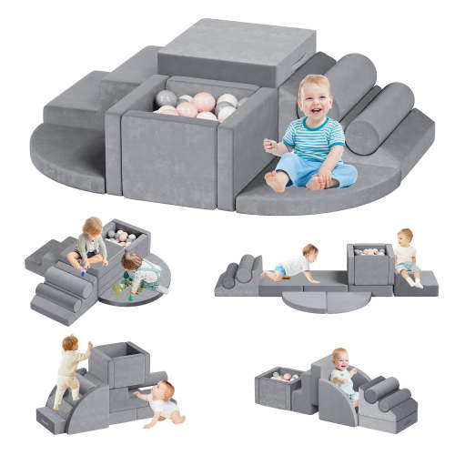 Advwin 12 Pcs Foam Climbing Blocks Set with Ball Pit for Toddlers, Soft Indoor Baby Playset for Crawling and Active Play, Gray