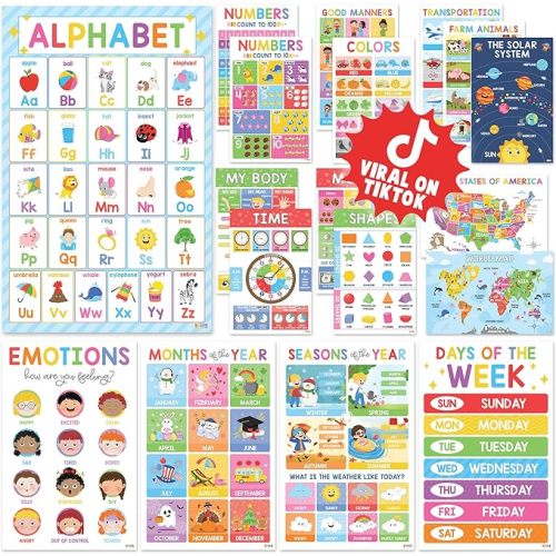 BEAWART 18 Laminated Educational Posters For Toddlers, Preschool Posters for Classroom, Kindergarten Wall Decor, PreK Learning Materials Alphabet Number Chart