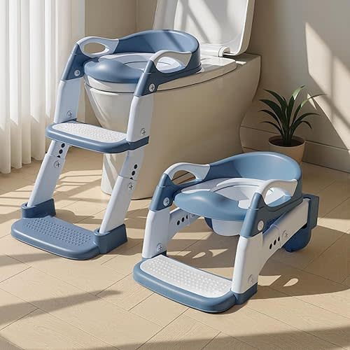 3-in-1 Potty Training Seat & Training Toilet & Potty Chair, Height Adjustable Toddler Toilet Seat for Kids Boys Girls, Foldable Potty Training Toilet with Splash Guard and Anti-Slip Steps