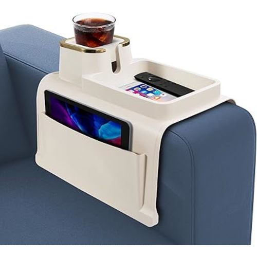 Couch Cup Holder with Tray & Dual-Sided Storage Pocket, Large Silicone Sofa Armrest Tray, Non-Slip & Spill-Resistant Couch Drink Holder Caddy, Multifunctional Couch Arm Organizer