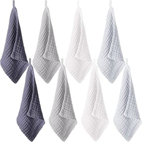 SmoothNovelty 8 Pcs Baby Washcloths for Newborn 12 x 12 Inch Muslin Face Towels Cotton Absorbent for Delicate Skin Soft Muslin Cloth Reusable Baby Registry as Shower Gift, 4 Colors (Classic Color)