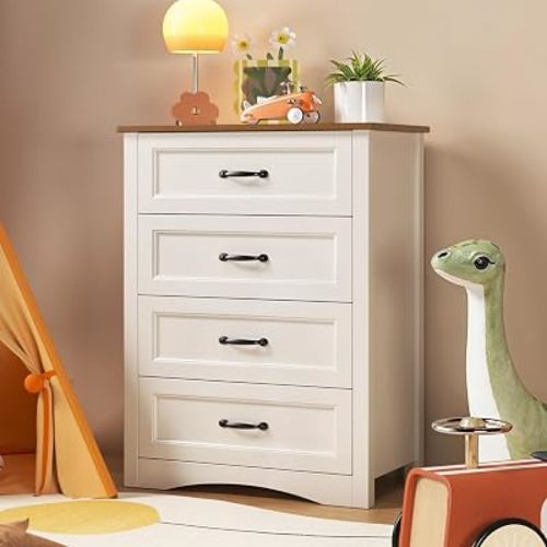 Gizoon 4 Drawer Dresser for Bedroom, Wood Storage Chest, White and Rustic