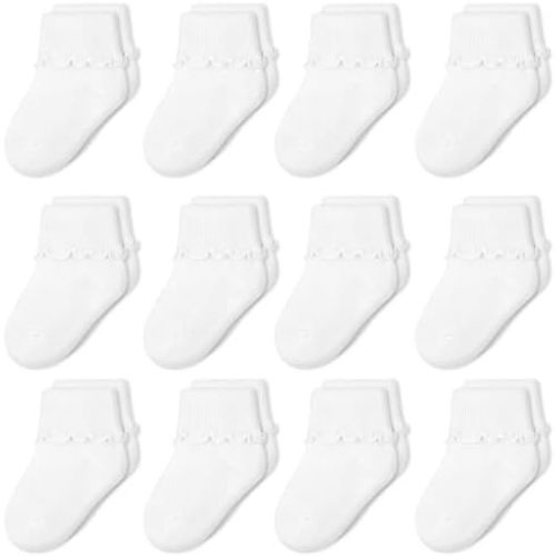 ZERULETS 12 Pairs Toddler Girls Socks Baby Girls Socks Ripple Ruffle Edges Turn Cuff Socks for Baby Toddler Girls 0-6 Years