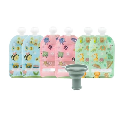 WeeSprout Double Zipper Reusable Food Pouches, Perfect for Babies & Toddlers, Freezer & Dishwasher Safe (Educational, 5 Fl Oz (Pack of 6) + Pouch Filler)