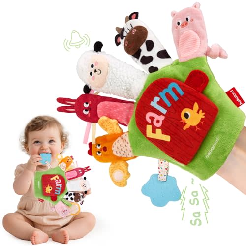 hahaland Baby Sensory Toys 6-12 Months – Montessori Farm Animal Hand Puppets with Rattle, Crinkle, Teether, Mirror – Multi-Sensory Infant Toys for Boys and Girls, Ideal Birthday Christmas Gift