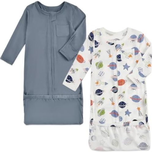 Aablexema Baby Nightgowns Rayon of Bamboo, 2Pcs Newborn Sleeper Gown with 2-way Zipper, Flip Mittens & Foot Cover
