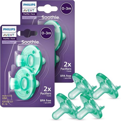 Philips Avent Soothie Orthodontic Baby Pacifiers, 100% Silicone Pacifiers, One Piece, BPA-Free, For Babies 0-3 Months, Green, 4 Pack, Model SCF190/41