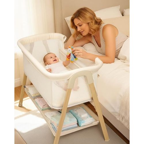 Baby Bassinet, Bedside Bassinet for Baby, Bassinet Bedside Sleeper with Mattress, Storage Basket and 4 Auto-Lock Wheels, Full-Mesh Sides, Bedside Mini Crib for Newborn (Beige)