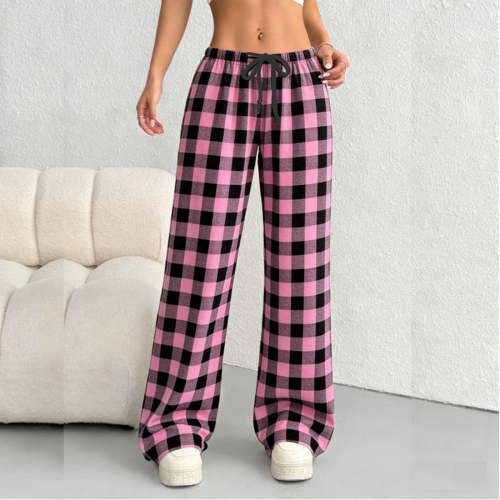 Women's Plaid Pajama Pants Plus Size Drawstring Elastic Waist Thin Weight Pjs Pants Summer Casual Checked Oversized Comfy Sleepwear Long Pants Lightweight Loungerwear Pajamas Pant