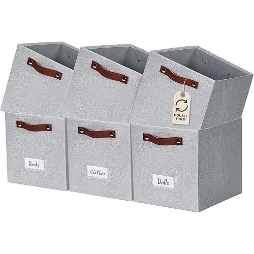 DECOMOMO Storage Bins, Cube Storage Bin with Labels, Fabric Storage Cubes for Shelves (11" / 6pcs, Light Texture Grey)