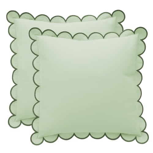 BEBE BASK Green Scalloped Pillow Cover - Set of 2-18 x 18 Inch - Scallop Pillow Cover - Scalloped Pillows - Scallop Pillows - 100% Cotton - Grandmillennial Style (Moss Green)