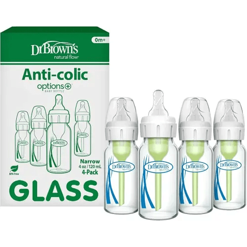 Dr. Brown's Anti-Colic Options+ Narrow Glass Baby Bottle with Level 1 Slow Flow Nipple, BPA-Free, 4 oz/120mL, 4-Pack