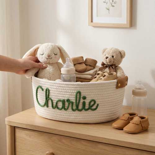 Personalized Handmade Basket • Christmas Gift • Baby Gift • Baby Shower Gift • Baby Basket • I-Cord Knitting Craft • Toy Organizer