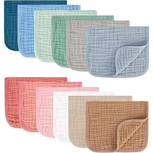 Muslin Burp Cloths 100% Cotton Pack of 12. Soft, Gentle & Absorbent Baby Burp Cloths for Baby Girl & Boys.(Mixed Color 12 Pieces)
