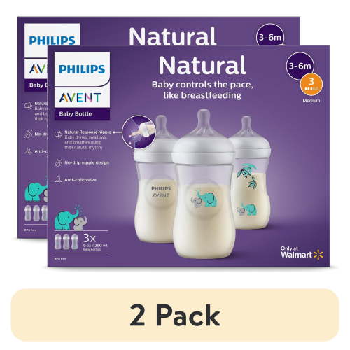 (2 pack) Philips Avent Natural Baby Bottle with Natural Response Nipple, Teal Elephant, 9oz, 3pk, SCY903/69