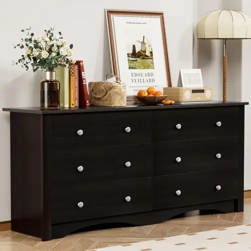 YESHOMY Dresser for Bedroom with 6 Drawers, 58" Wide Modern Chest of Drawers, Wooden Dresser, Storage Organizer for Living Room, Hallway, Deep Brown