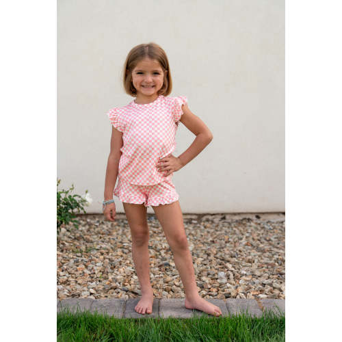 LIGHT PINK + WHITE MINI CHECKER | RUFFLE SHORT SET