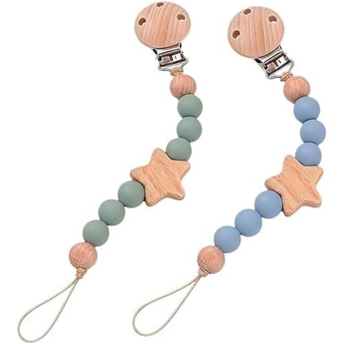 2Pcs Wood Star Silicone Pacifier Clip for Baby Boy Blue Silicone Pacifier Holder Binky Clips
