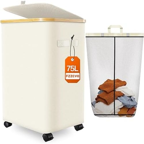 Laundry Hamper with Wheels, 75L Large Clothes Hamper with Removable Inner Bag, Collapsible Dirty Clothes Basket for Dorm, Rolling Dirty Clothes Basket for, Bedroom, Bathroom, Laundry Room