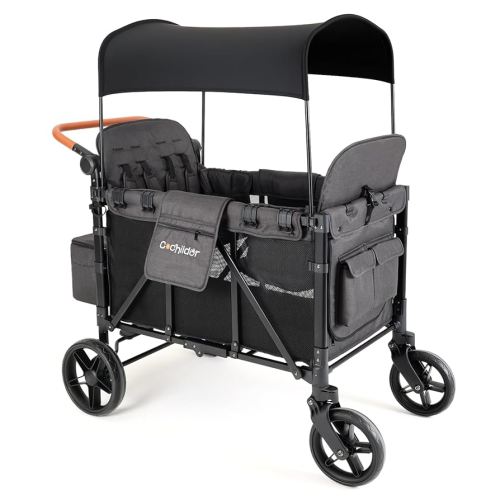 Elite 4-Seater Wagon Stroller for 2-4 Kids, One-Hand Fold, High Seats with 5 Point Harness, Adjustable Handle & Canopy, Dark Gray