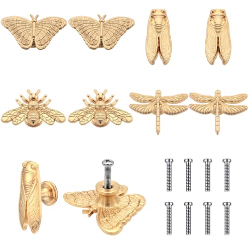 Zonon 8 Pcs Insects Cabinet Knobs, Bug Themed Drawer Knobs, Butterfly Dragonfly Bee Cicada Cabinet Pulls & Handle, Metal Knob for Dresser Cupboard Wardrobe (Gold)