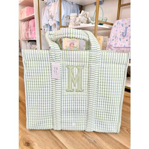 TRVL Sage Stripe Quilted Tote- Single Initial Applique