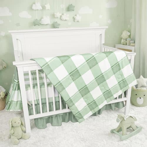 4-Piece Crib Bedding Set for Girls Boys, Baby Crib Bedding Set for Newborn & Infant, Neutral Nursery Bed Set Includes Comforter, Fitted Sheet, Crib Skirt, and Diaper Stacker, Green Checkered