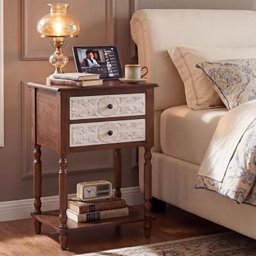 COSIEST Rustic Brown 2-Drawer Nightstand with Open Shelf, 28.5 Inch Tall Two-Tone Vintage Bedside Table, Hand-Carved Floral End Table for Living Room