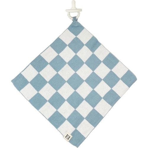 L+L USA Checkered Baby Lovey 100% Organic Cotton Knit Pacifier/Teether Holder 11"x11" - DreamSoft Cuddly Soothie Mini Comfort Blanket - Newborn Gift Essential Babies, Toddlers Boys Girls (Blue/White)
