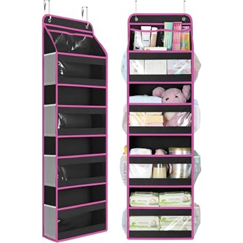 Yecaye 5 Tier Over the Door Organizer, Swing-proof Door Organizer Hanging with Clear PVC Windows, Behind the Door Storage for Bedroom Nursery Closet Laundry Pantry Bathroom, Pink and Black