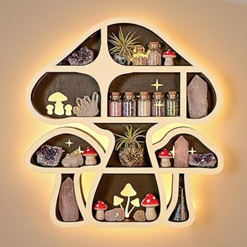 LED Mushroom Decor Cute Mushroom Floating Shelves, Crystal Shelf Display for Wall, Rock Gem Stone Storage Organizer, Trinkets Holder, Knick Knack Shelf, Mushroom Item, Unique Gift for Mushroom Lovers