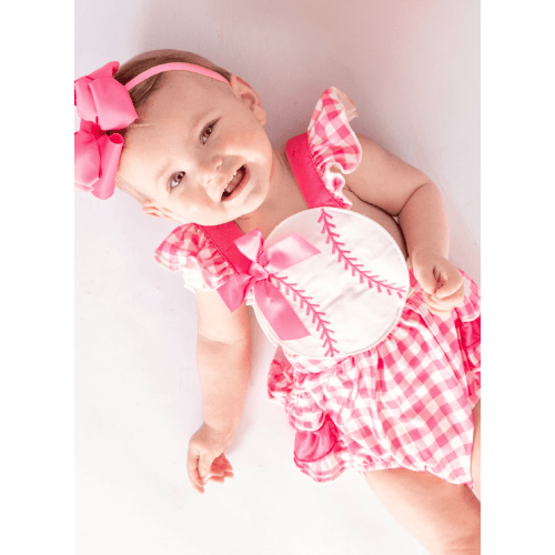 Little Slugger Check Embroidered Ruffle Bubble Romper
