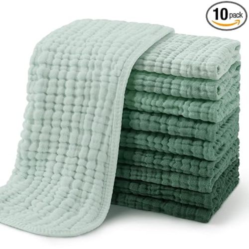 Yoofoss Muslin Burp Cloths for Baby 10 Pack 100% Organic Cotton Baby Washcloths for Boys Girls Large 20''X10'' Super Soft and Absorbent Gradient Green