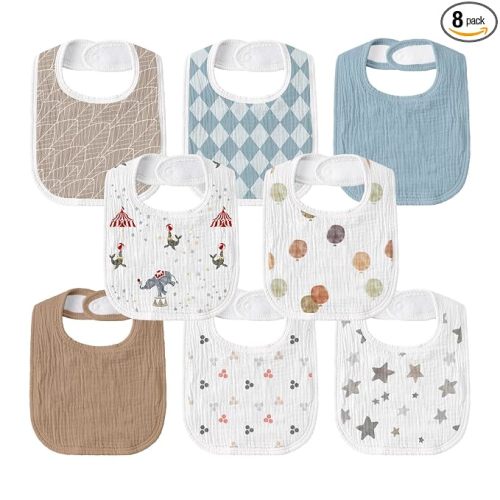 Muslin Bibs for Baby Boy, Adjustable Fit for Drooling and Teething Toddler | 8Pk, 100% Cotton Surface & Multi-Layer Absorbent Core, Shrink-resistant & Fade-Proof, Gentle on Sensitive Newborn skin