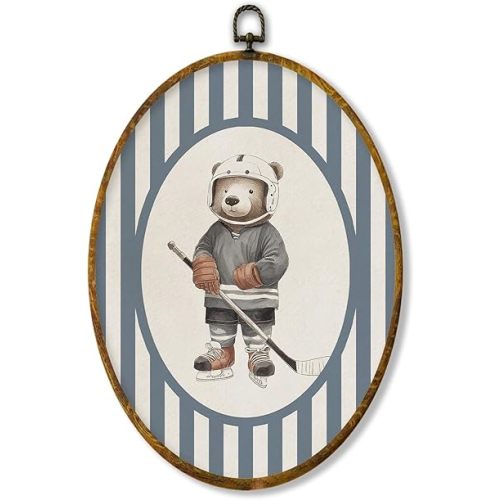 XPH Vintage Hockey Bear Nursery Oval Wall Art Framed, Hockey Bear Oval Wall Decor Accents, Blue Striped Sports Hanging Canvas Prints for Home Kids Boy Nursery Room Bedroom Decoration, 8.6x11.4 Inch