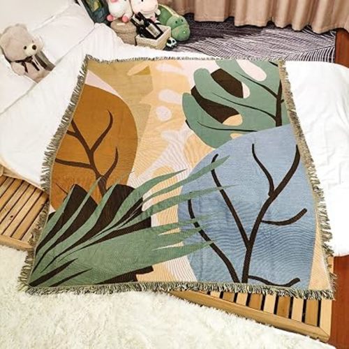 LumiSyne Double-Sided Cotton Woven Throw Blanket with Tassel Jungle Bohemian Style Tapestry Shawl Multi-Function Decorative Throws for Sofa Bed Armchair Camping Blanket Tablecloth Carpet 160x130cm