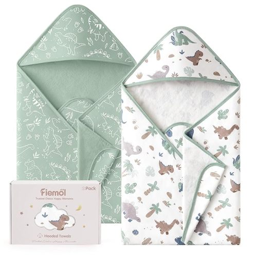 Hooded Baby Towels for Newborn,100% Cotton Baby Bath Towels with Hood for Infant Toddler Boy Girl, 2 Pack 32x32 Inch Soft & Absorbent Knit Terry Bath Essentials Green Dinosaur