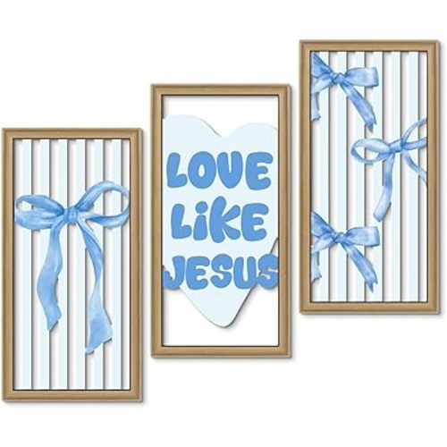 Putuo Decor Blue Bow Wall Decor, Light Blue Coquette Wall Decor Set of 3,Inspirational Bible Verses Decoration, Christian Wall Art for Living Room Bedroom Church Classroom