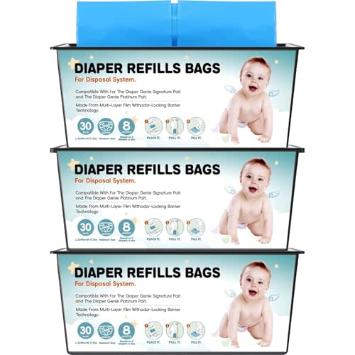 Diaper Pail Refills Bags with 30 Bags Compatible with For Genie Easy Roll Signature and Platinum Diaper Pails, 7-Layer Odor-Barrier Technology, 1 Pack (3 Pack)