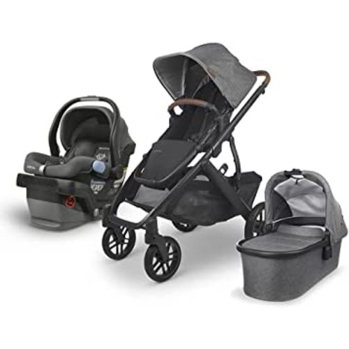 UPPAbaby Vista V2 Stroller - Greyson (Charcoal Melange/Carbon/Saddle Leather) + Mesa Infant Car Seat - Jordan (Charcoal Melange) Merino Wool