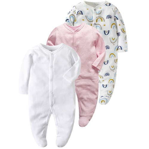 QEFJNO Newborn Baby Girls' 3-pack Sleep and Play Footies Pajamas One-Piece Sleeper Button Jumpsuit Cotton Rainbow PJs