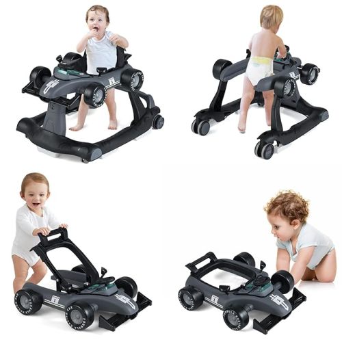 HONEY JOY 4-in-1 Baby Walker, Activity Push Walker w/3 Adjustable Heights, Smooth Wheels w/Adjustable Speed, Padded Seat, Music & Light, Foldable Car Walker for Baby Boys Girls Age 6 Months+ (Gray)
