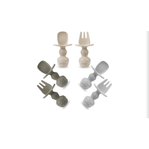 PandaEar 6 Pack Silicone Baby Spoons and Fork Feeding Set- Anti-Choke First Self Feeding Utensils for Baby Led Weaning Ages 3 Months (Tan,Walnut&Grey)