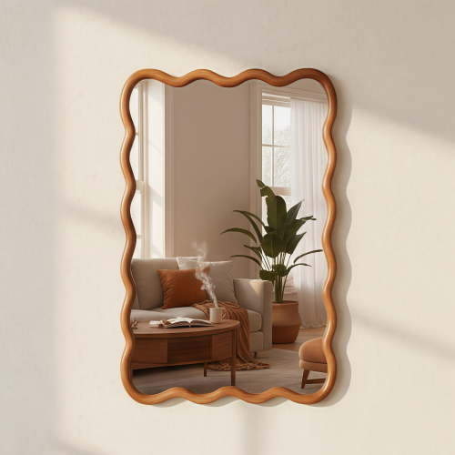 Wall Mirror Yellowish Brown 24"x36" Wavy Rectangle Solid Wood Frame Decorative Mirror,For Bedroom, Bathroom, Living Room, Entryway,Decorative Wall Mirror