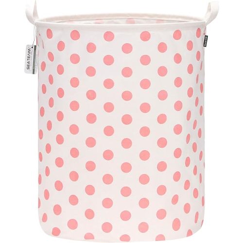 Sea Team 19.7 Inches Large Sized Waterproof Coating Ramie Cotton Fabric Folding Laundry Hamper Bucket Cylindric Burlap Canvas Storage Basket with Stylish Polka Dot Design (19.7", Pink)
